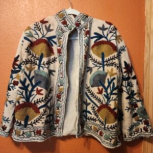 Embroidered Floral Boho Jacket in Cream with Blue, Mustard & Red
